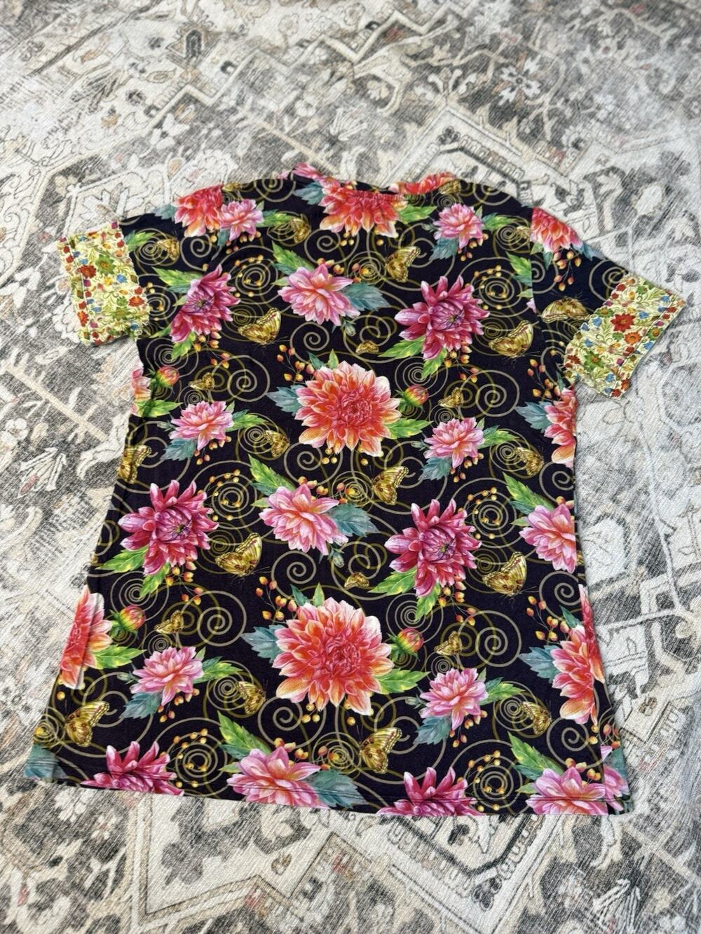 Johnny Was Floral Butterfly Bamboo Shirt Black Pink Women's M Boho Colorful